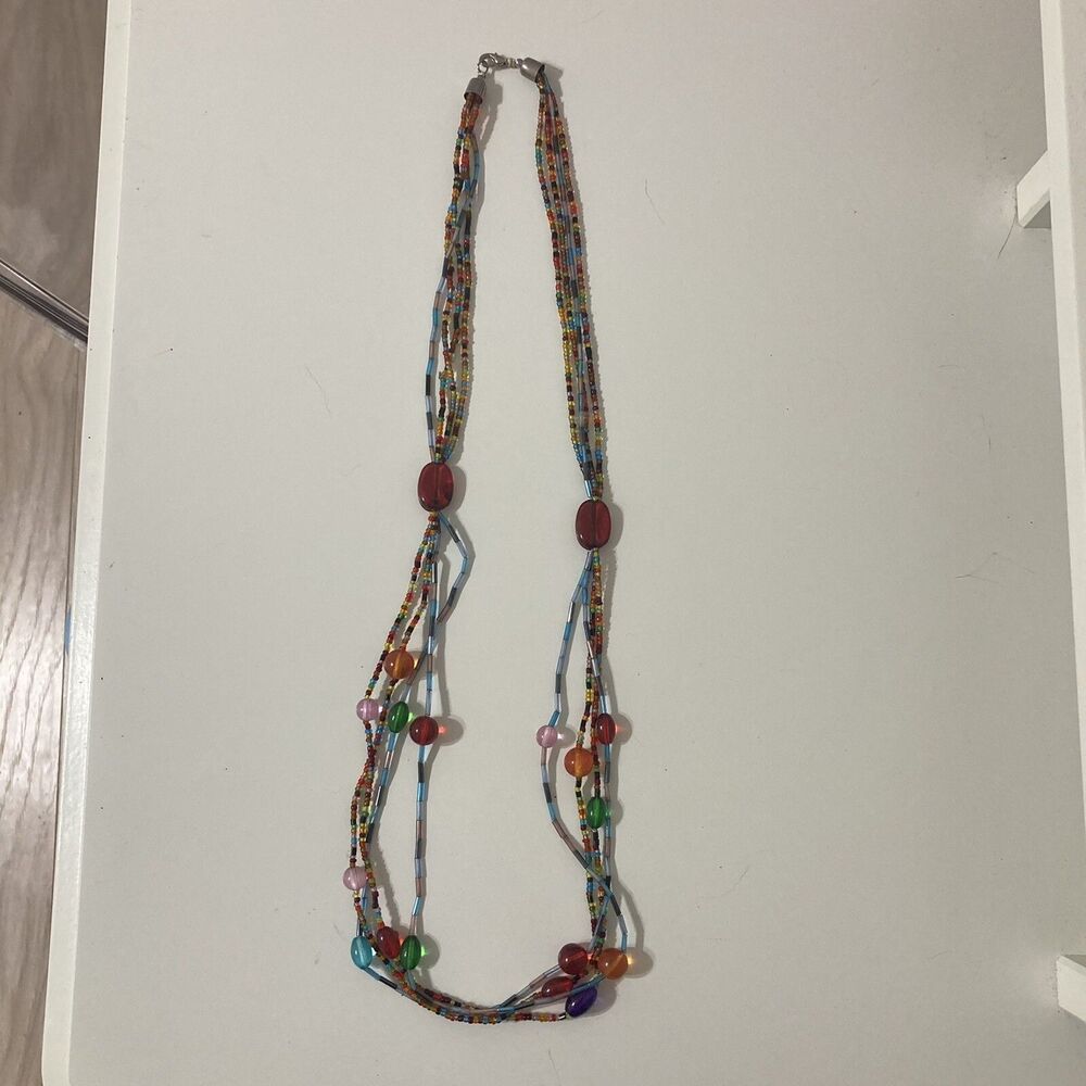 Multi-strand Layered Seed Bead Bead Necklace Bohemian Red Orange Green Long